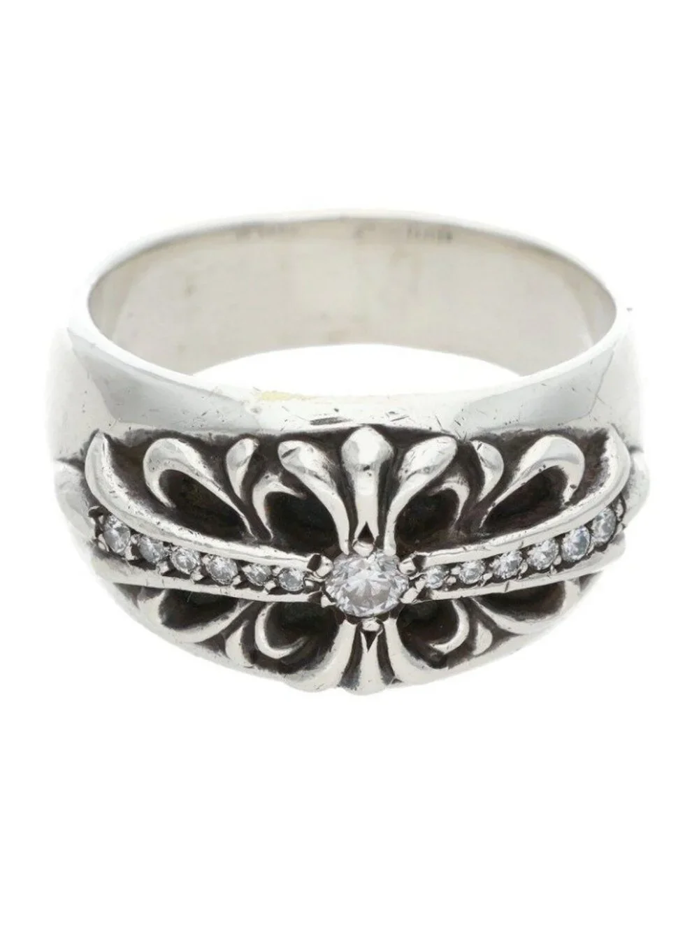 Chrome Hearts Flrl P Dmnd Floral Cross Pave Diamond Silver Ring